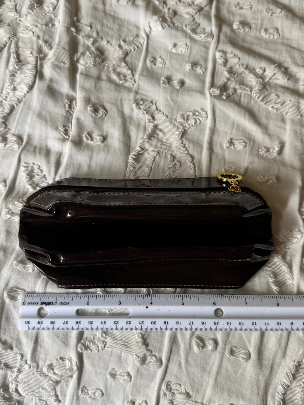 Estee Lauder Dark Brown Patent Cosmetic Bag with Gold Accent